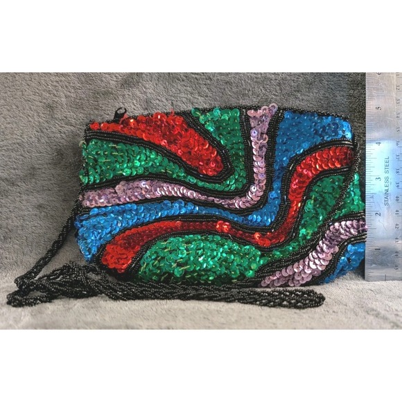 Vintage Beaded Sequin Evening Bag – Rainbow Disco‎ Party Purse Black Strap... - Picture 6 of 6